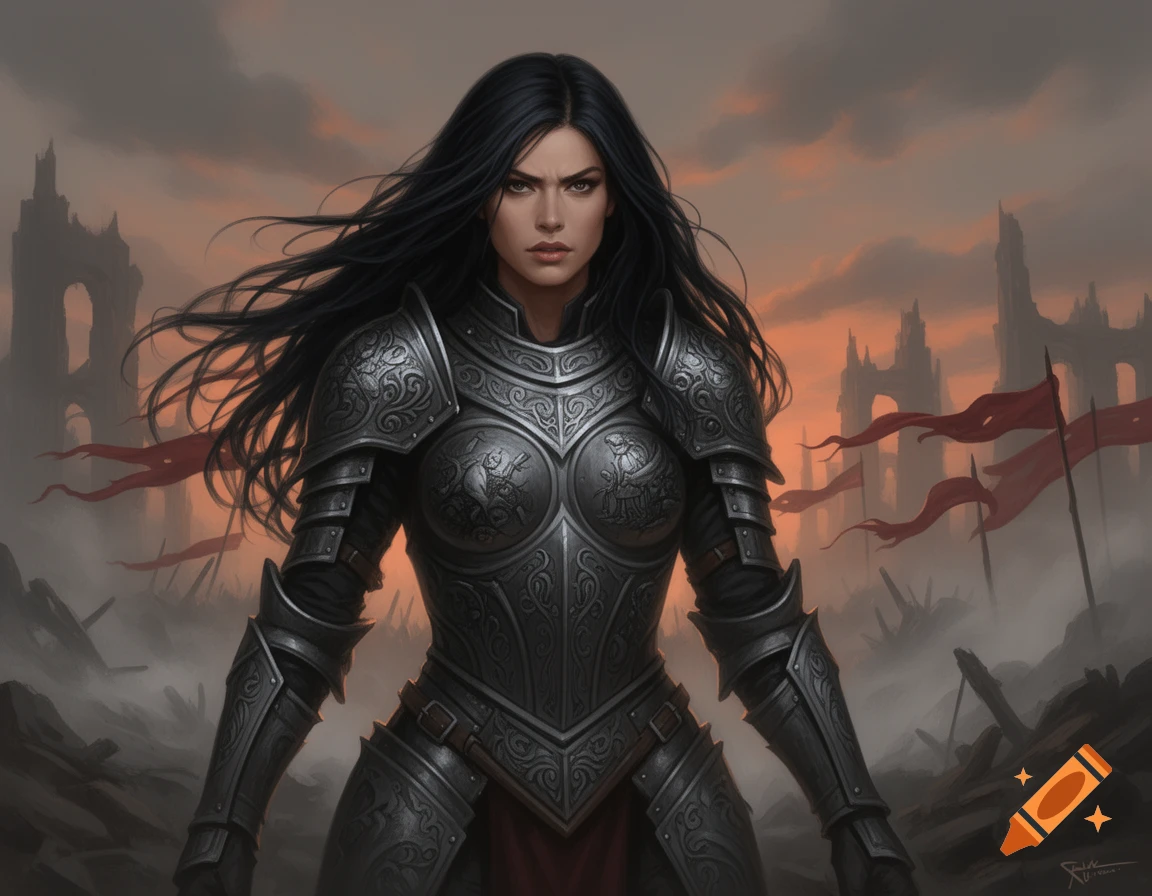 A fierce female warrior with long dark hair and ornate silver armor ...