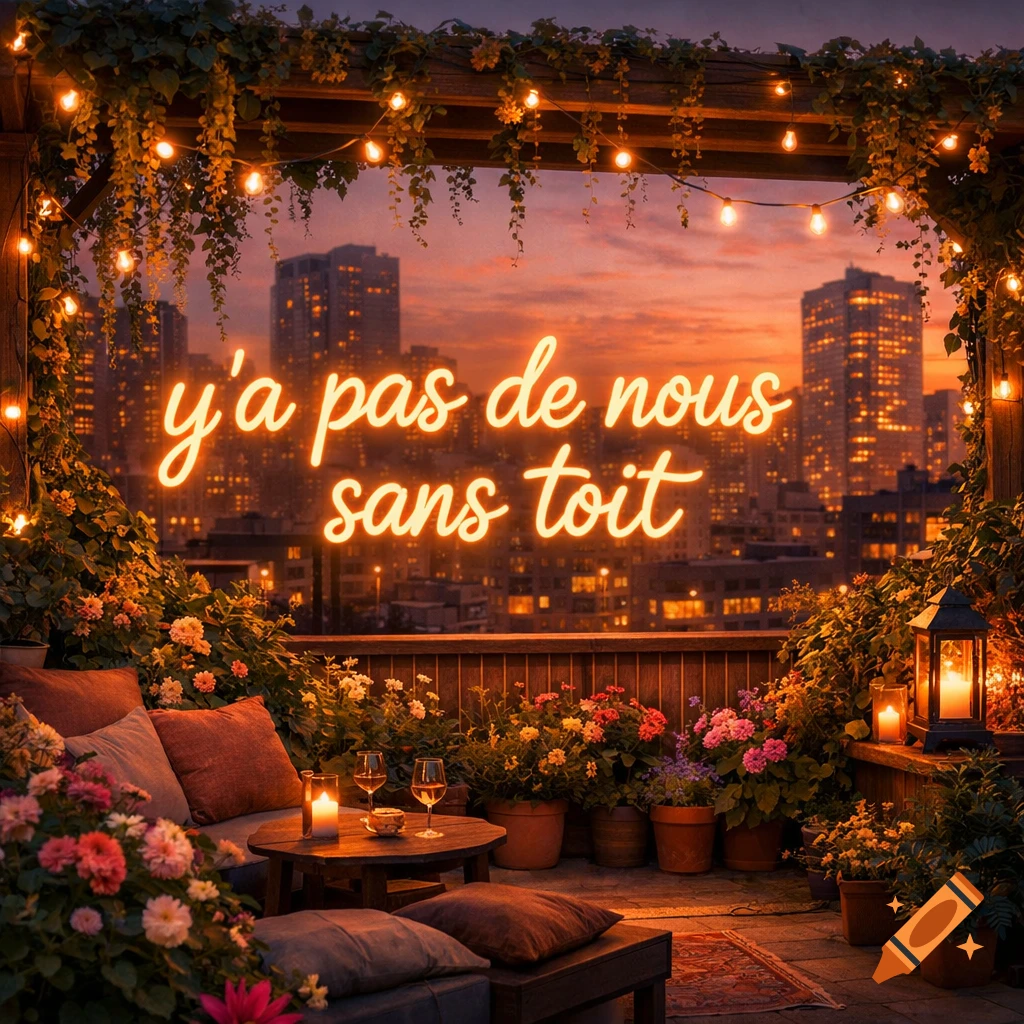 A cozy rooftop terrace at sunset, with neon text "y'a pas de nous sans toit" overlooking a city skyline, illuminated by string lights and candles.