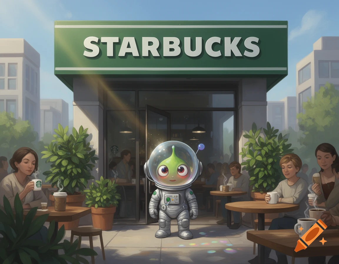 An illustration of a cute green alien in a spacesuit standing outside a Starbucks cafe, with people enjoying coffee at outdoor tables.