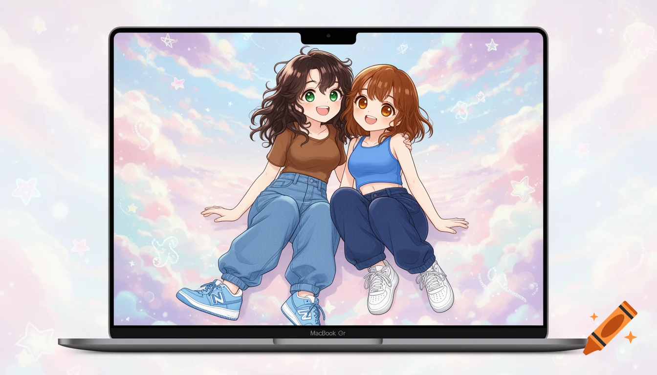 Two smiling anime girls, one with brown hair and green eyes, the other with light brown hair and brown eyes, sitting on a pastel cloud background, displayed on a MacBook screen.