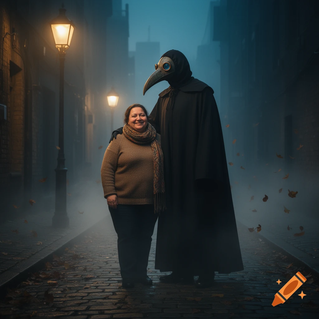 A woman smiles next to a tall plague doctor in a black cloak and mask ...