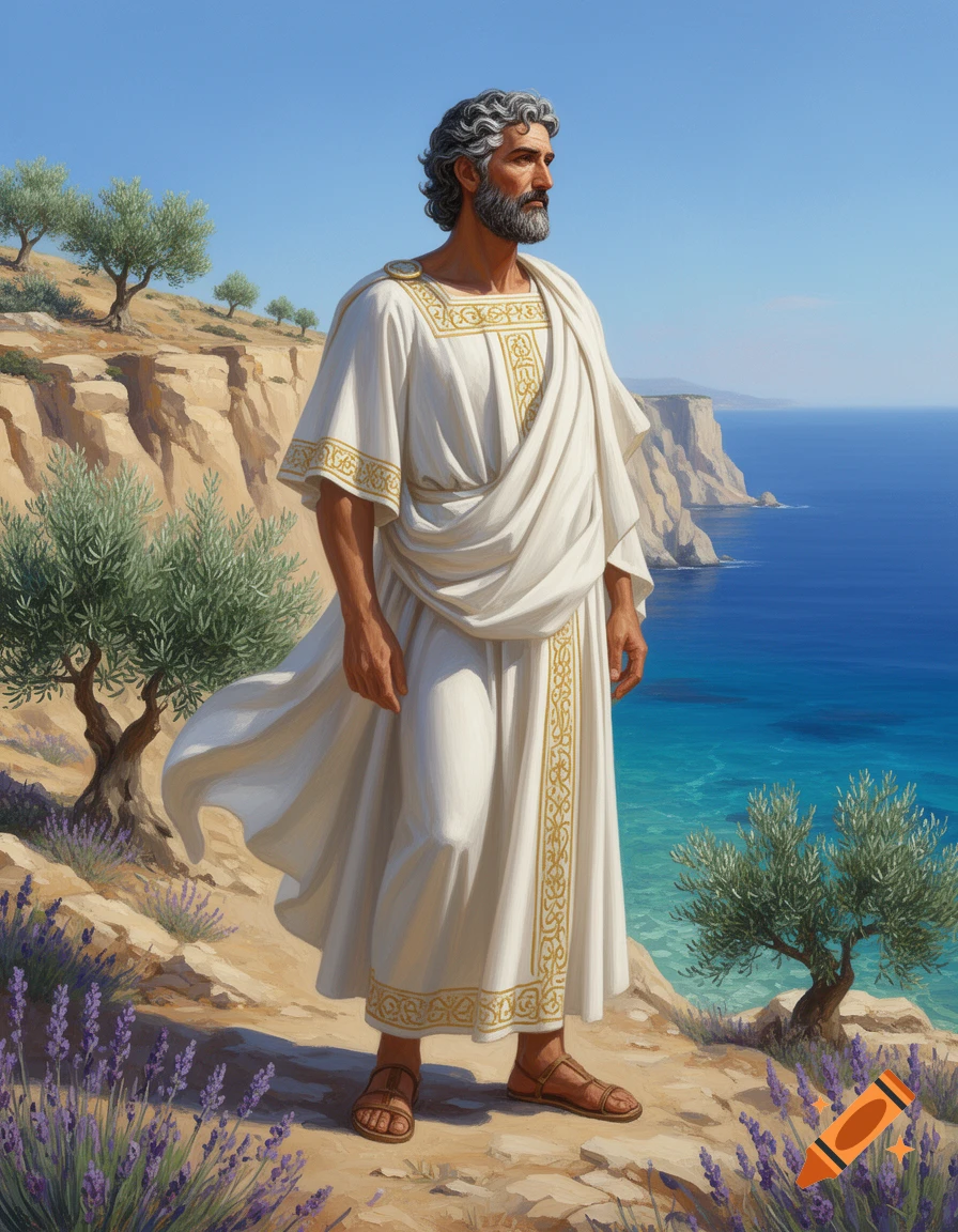 Bearded man in white toga with golden trim stands on a rocky cliff overlooking the blue Mediterranean sea with olive trees and lavender.