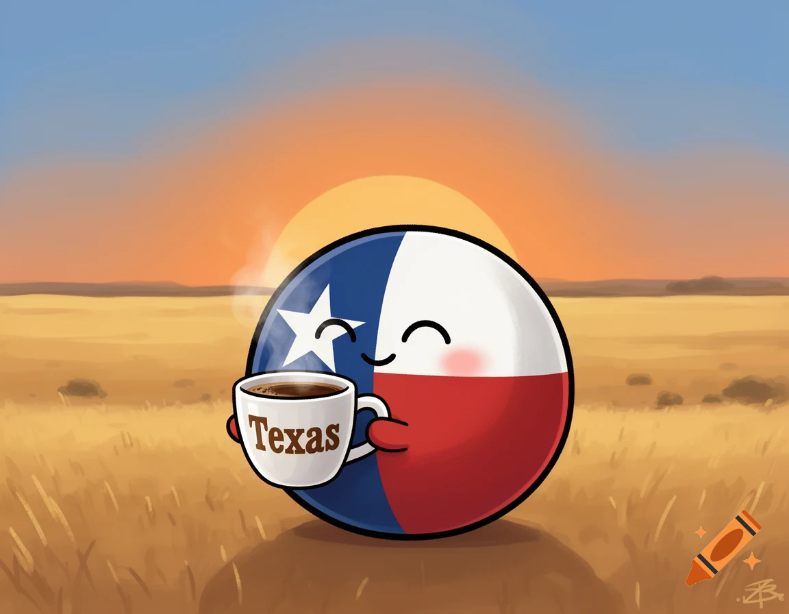 A cartoon countryball, designed like the Texas flag with a star eye and a happy smile, holds a steaming coffee mug labeled "Texas" in a field at sunrise.