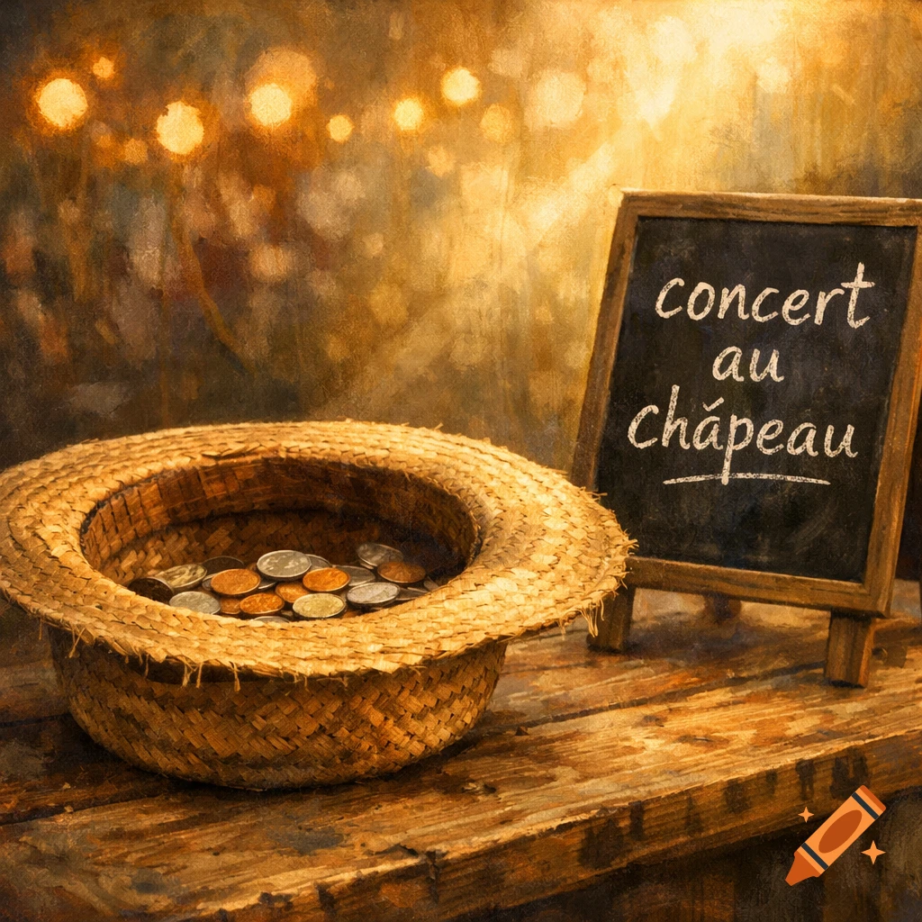 A straw hat filled with coins sits on a wooden table next to a small chalkboard reading 'concert au Ch\u00e2peau', in a painterly style with warm lighting.