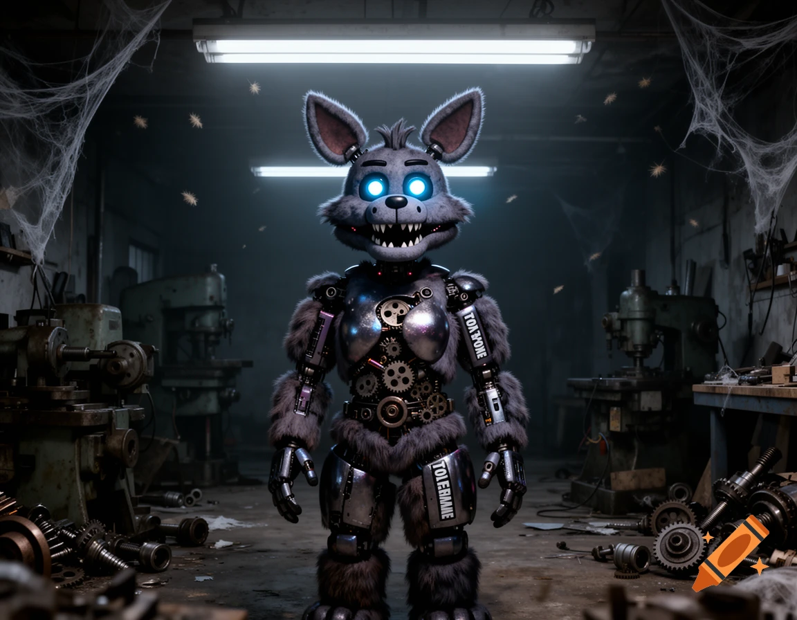 A grey furry animatronic fox-like robot with glowing blue eyes stands in a dark, cobweb-filled workshop.