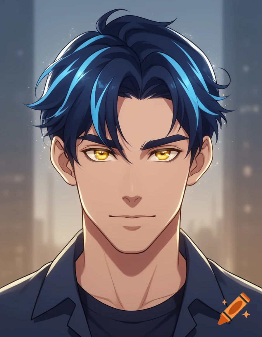 Anime-style portrait of a man with navy blue and sky blue hair and golden eyes, wearing a dark shirt.