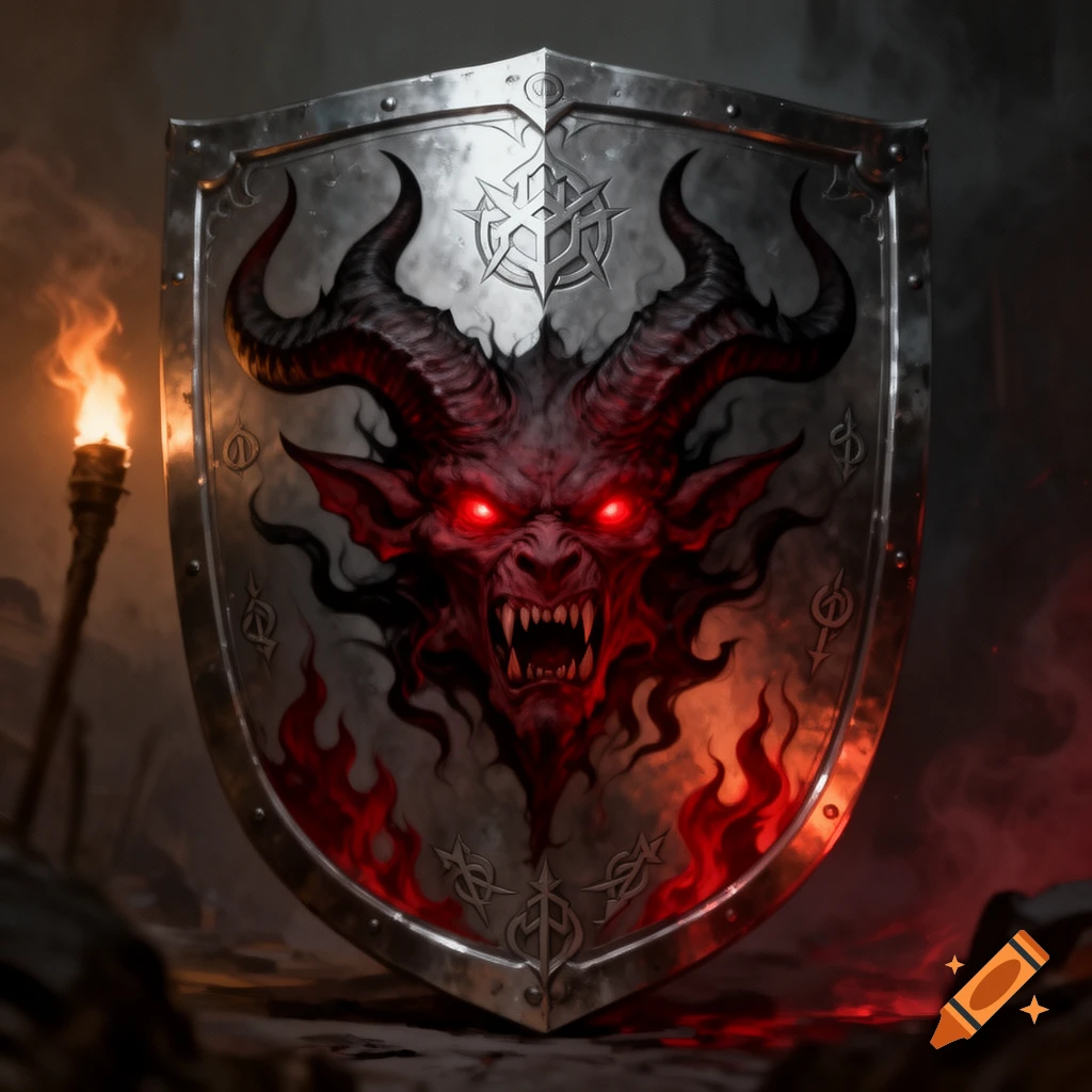 A dark, metallic shield features a snarling red demon emblem with glowing red eyes and horns, set against a fiery, torchlit background.
