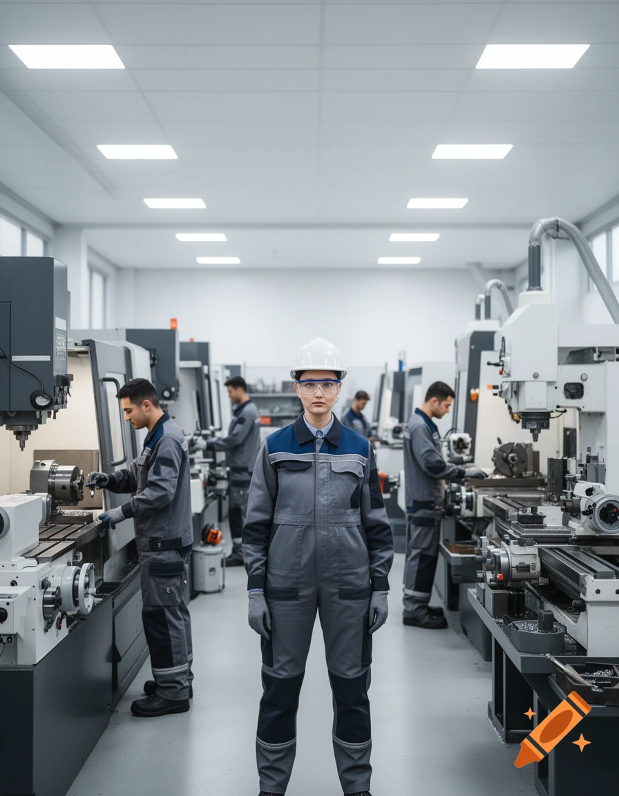 A female leader in safety gear stands confidently in a modern machining factory, supervising workers operating CNC machines. Photorealistic.