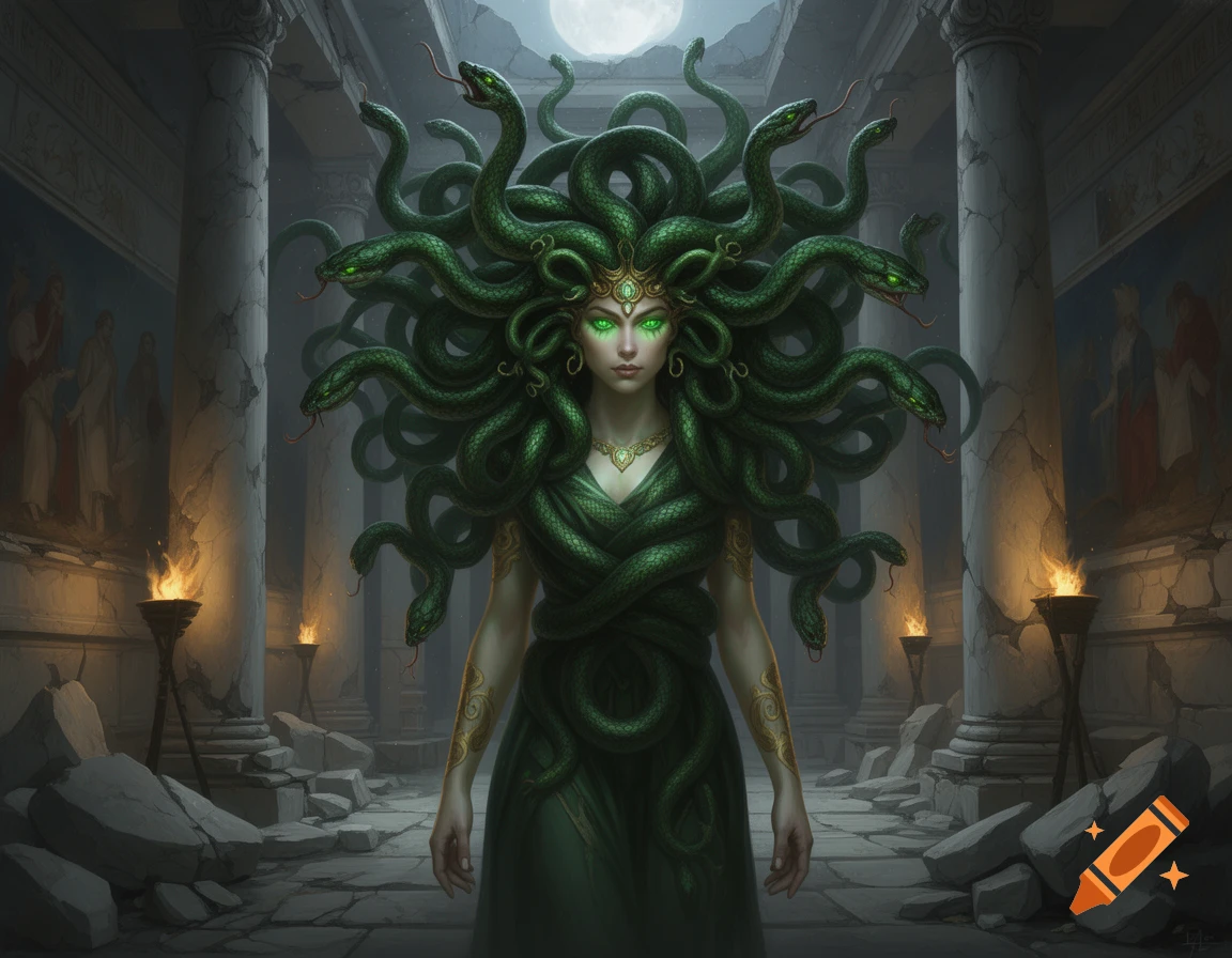 Medusa Ror Medusa with glowing green eyes and snakes for hair stands in a ruined ...