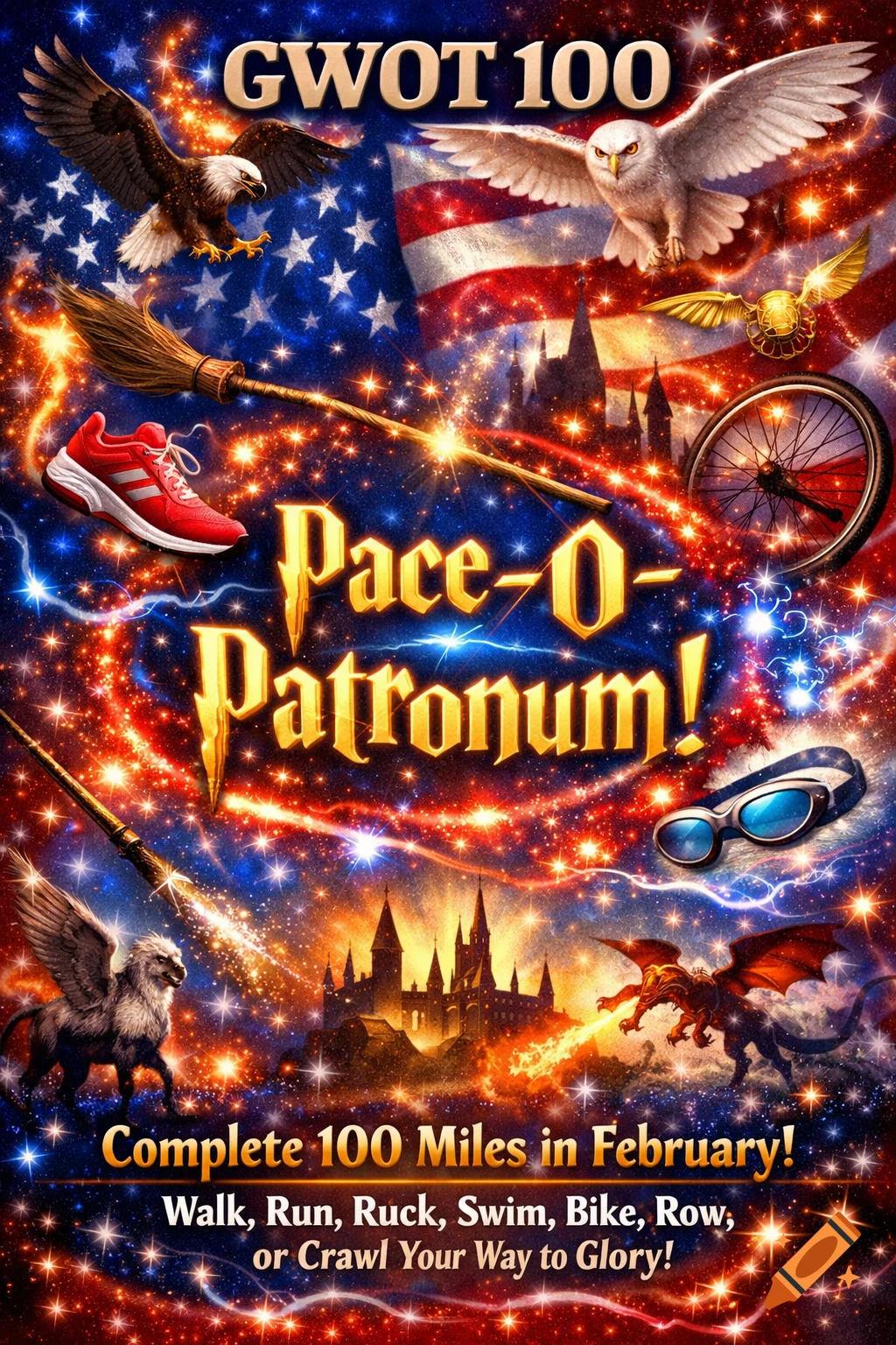 A vibrant flyer with 'GWOT 100 Pace-O-Patronum!' on a US flag and starry background, featuring eagles, owls, Hogwarts, a dragon, and fitness items.
