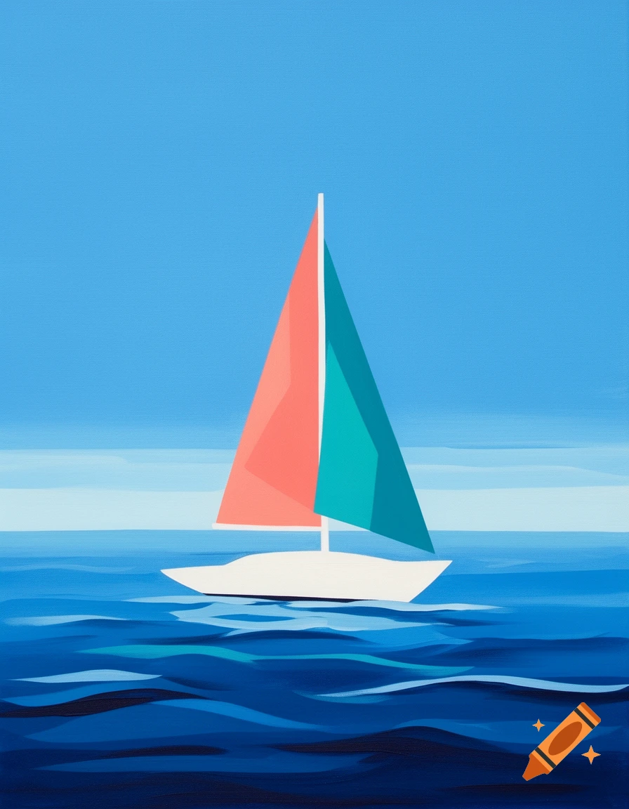 Minimalist painting of a white sailboat with a coral and teal sail on a blue ocean under a clear sky.