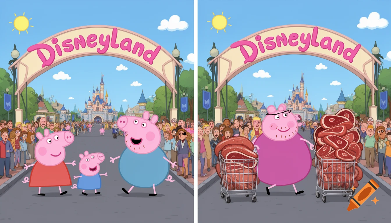 Two-frame cartoon: Peppa Pig family enters Disneyland; later, Mummy and Daddy Pig leave with shopping carts full of meat.