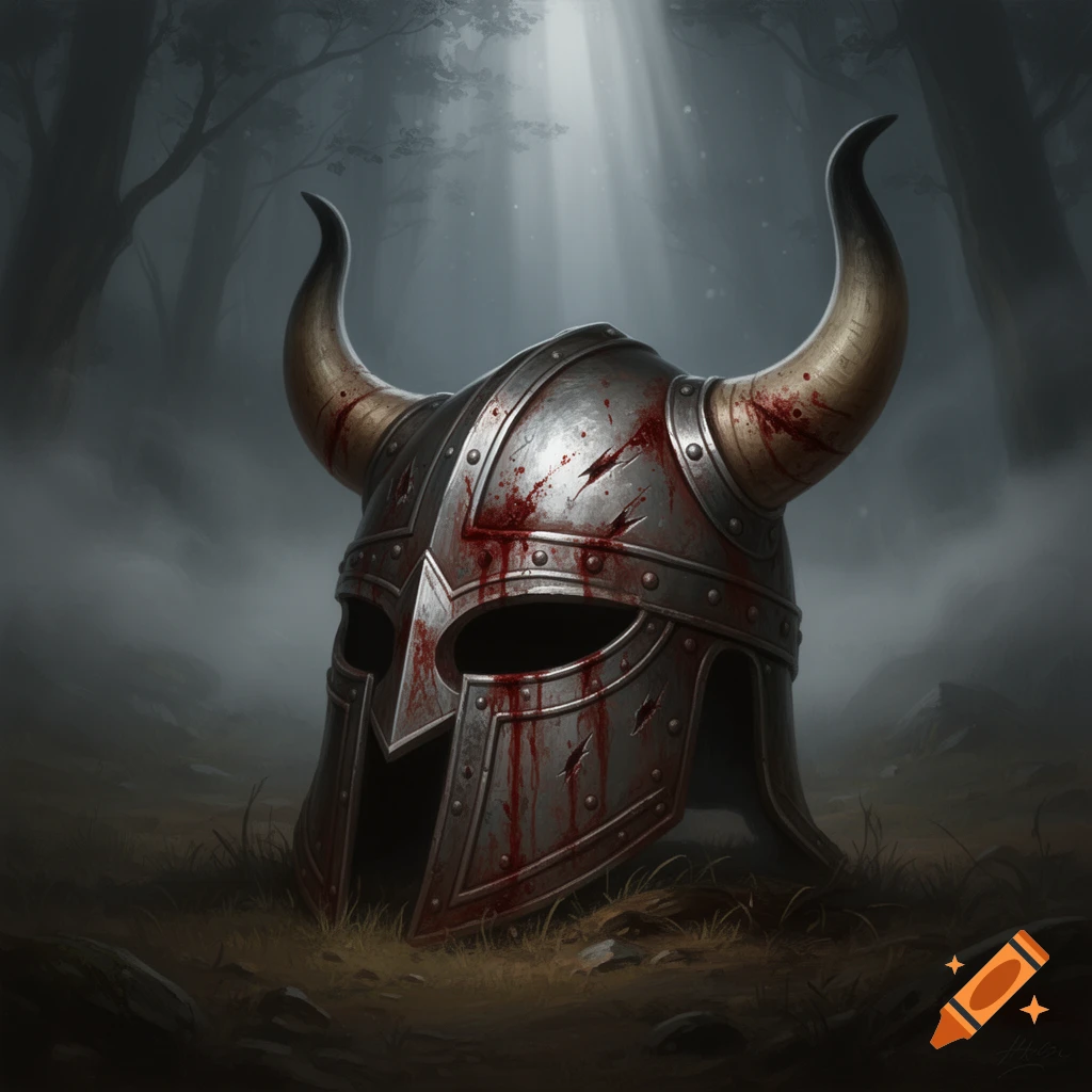 A bloody, horned viking helmet lies on the ground in a dark, misty forest with light rays.