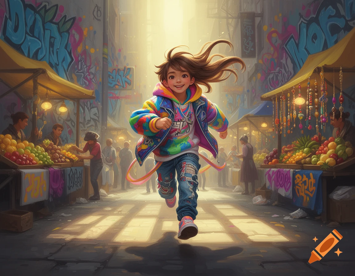 A cheerful child in a colorful jacket and ripped jeans runs through a vibrant street market with fruit stalls and graffiti-covered walls, in a digital art style.