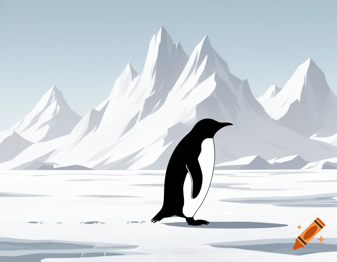 A minimalistic illustration of a black and white penguin standing on ice with snow-capped mountains in the background.