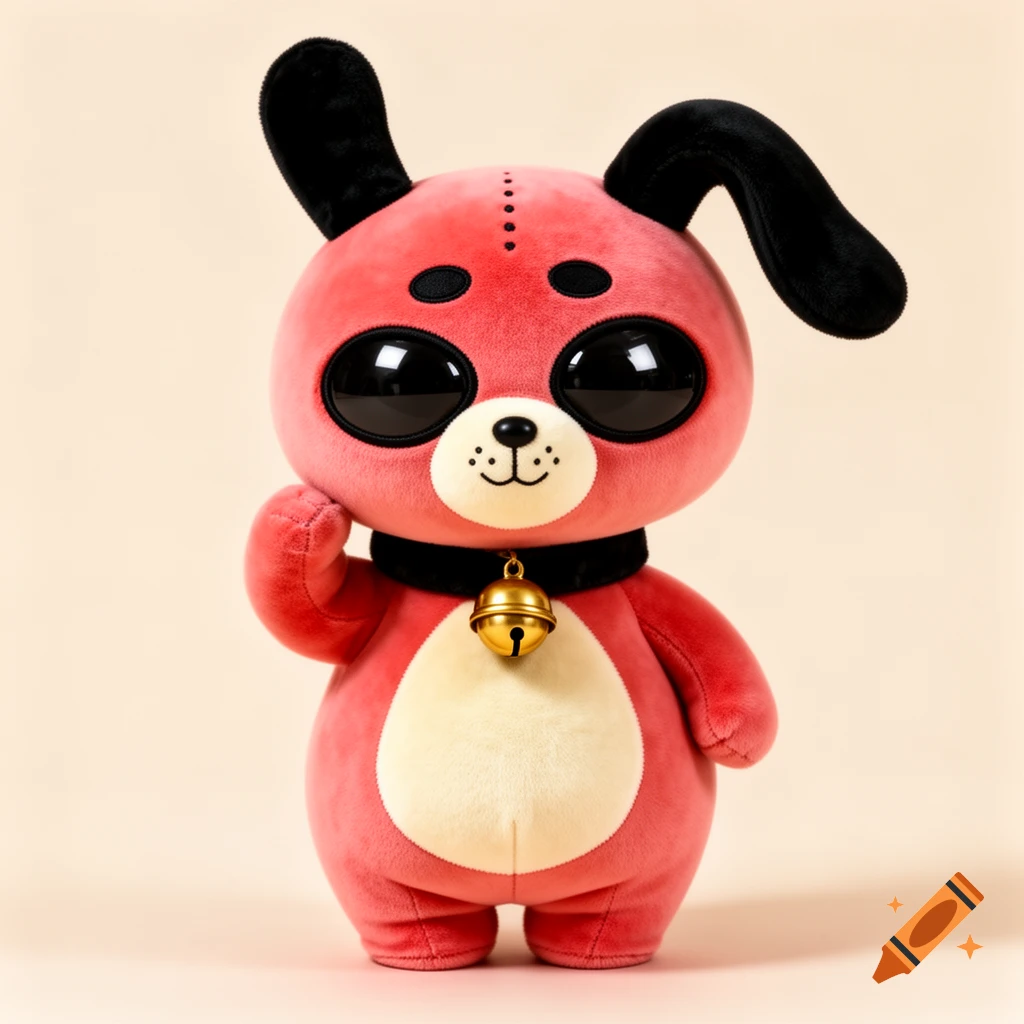 A cute red-pink plush animal toy with large black eyes, floppy ears, and a gold bell collar, posed shyly in a studio shot.