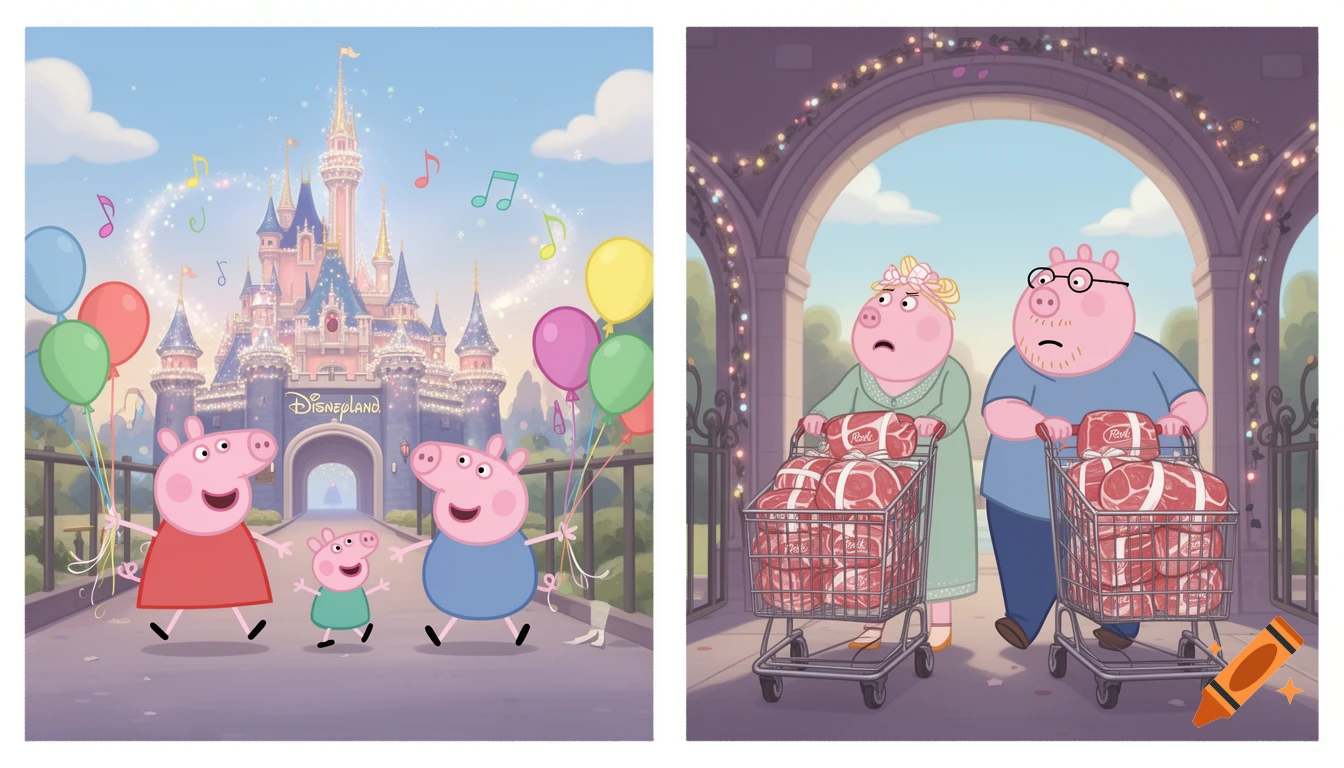 Two frames: Peppa Pig family joyfully walking into Disneyland, and Mummy and Daddy Pig looking worried, pushing trolleys full of meat.