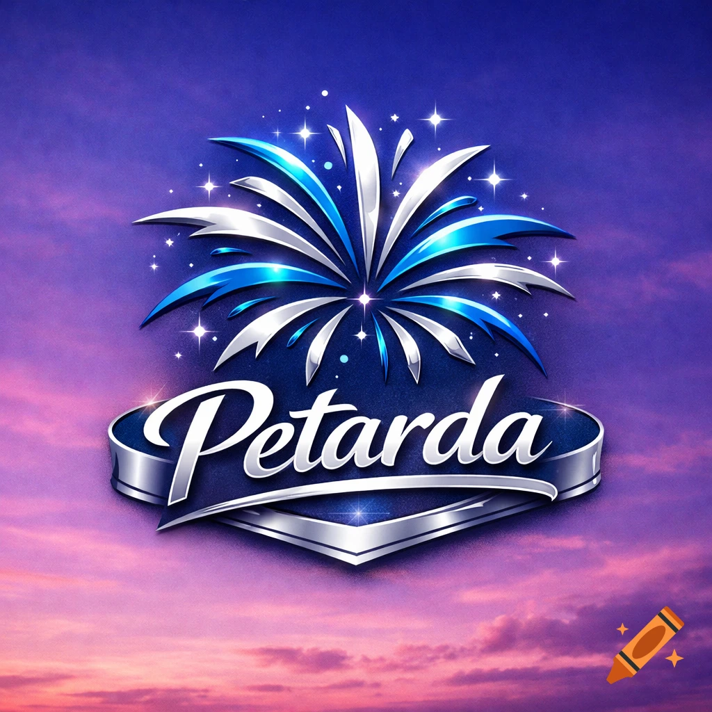 A stylized logo featuring the word Petarda in elegant script, set against a burst of blue and silver fireworks, all against a vibrant sunset sky.