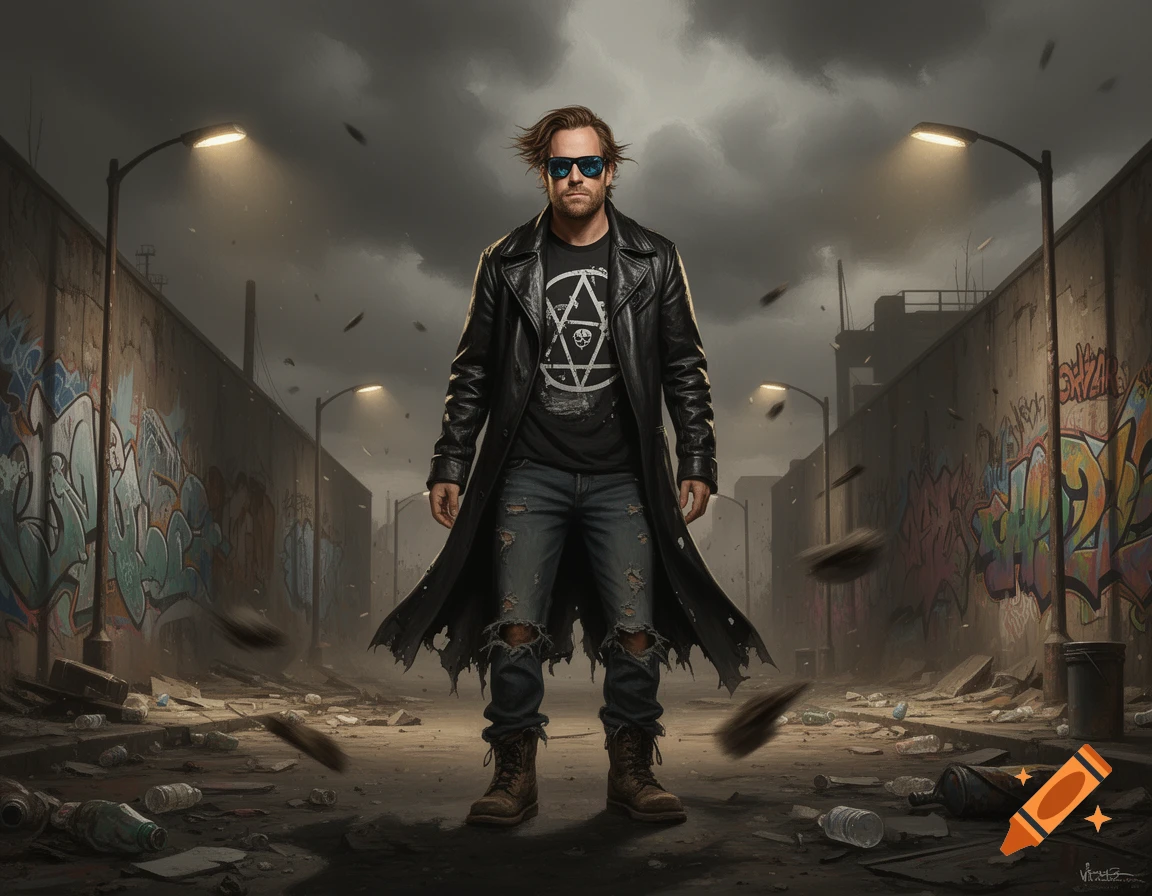 A man in sunglasses, a black leather trench coat, and ripped jeans stands in a dirty, graffiti-covered alley at night.