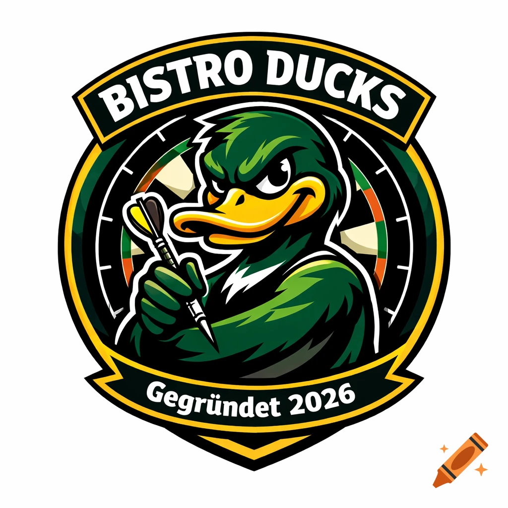 Circular logo featuring an aggressive green cartoon duck holding a dart in front of a dartboard, with "BISTRO DUCKS" and "Gegründet 2026" text.
