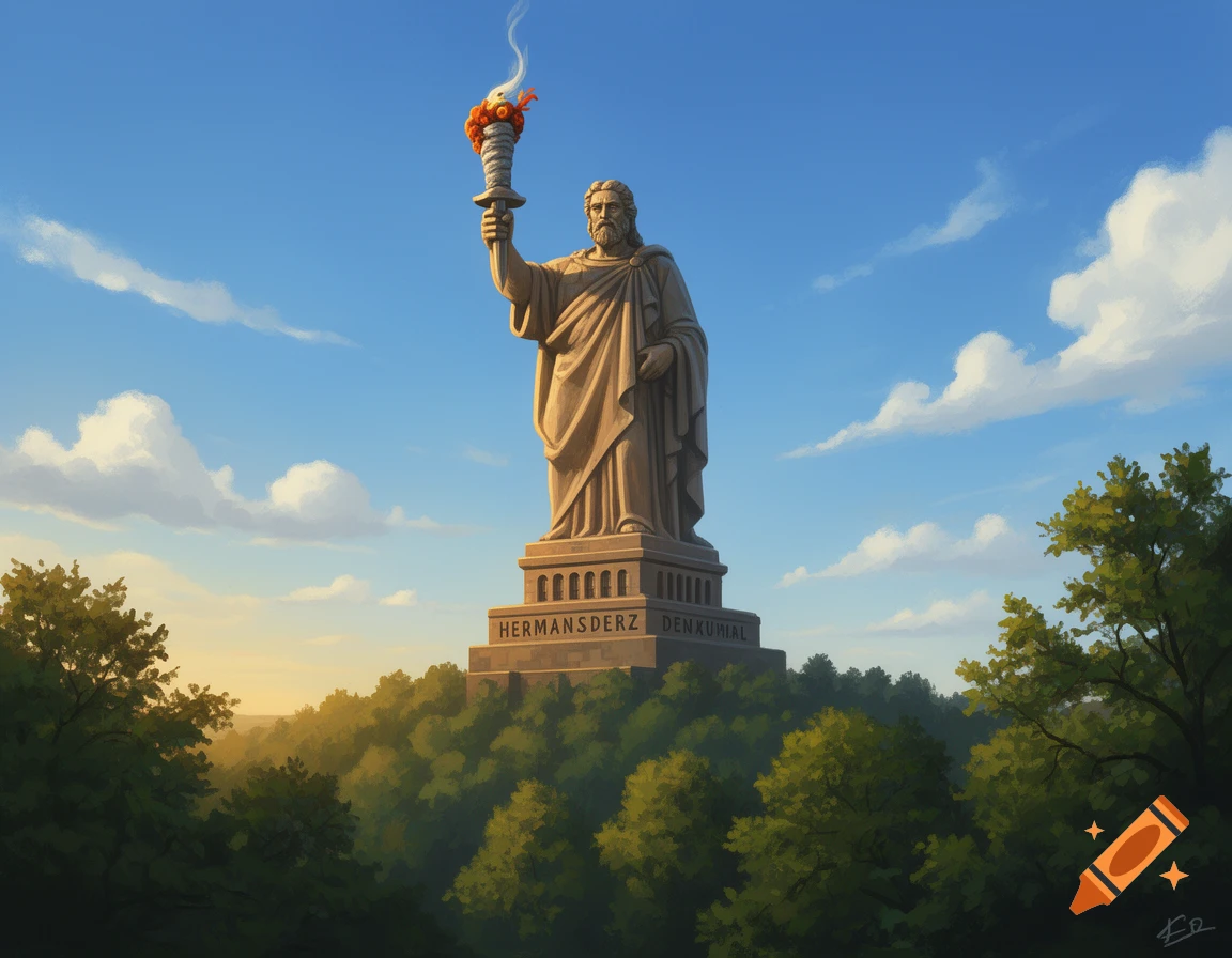 A large stone statue resembling the Hermannsdenkmal stands on a forested hill, holding a torch with a smoking, crab-like object. Blue sky and clouds are in the background.