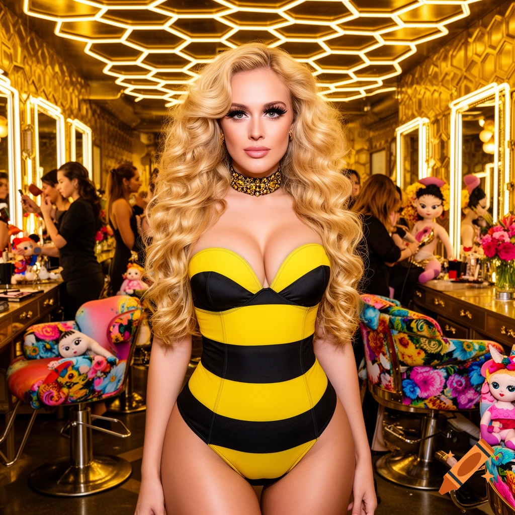 Glamorous woman with blonde curly hair in a bumblebee outfit and choker, posing in a bustling, golden honeycomb-themed beauty salon.
