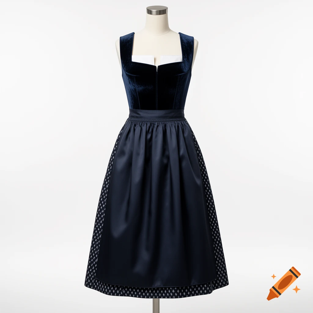 Dark navy velvet dirndl dress with a square neckline, white chest panel, and plain satin apron over a subtly patterned skirt on a mannequin.