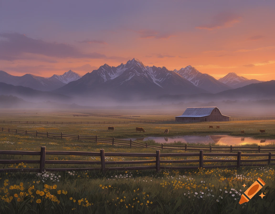 A serene rural landscape at sunset with a barn, grazing cows, and a ...