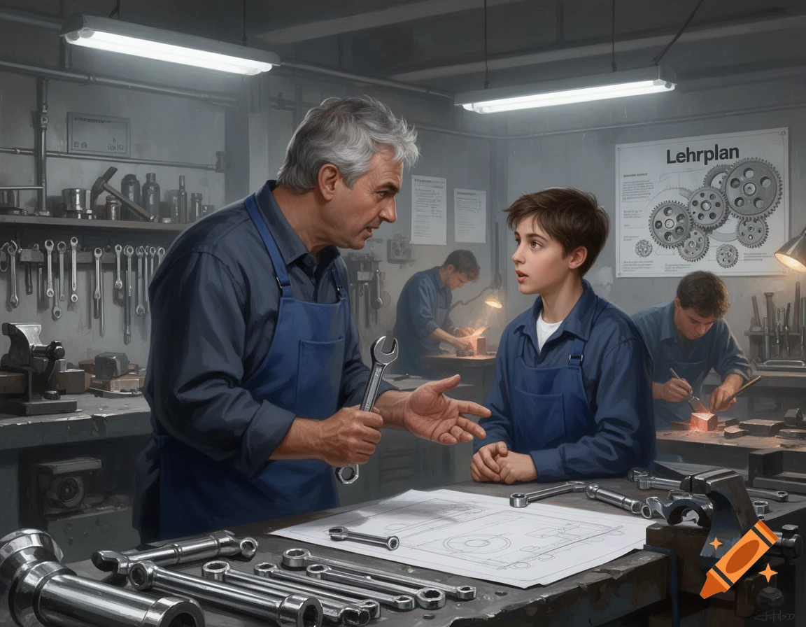 Older instructor in a blue apron holds a wrench and talks to a young apprentice in a metal workshop, with others working in the background.