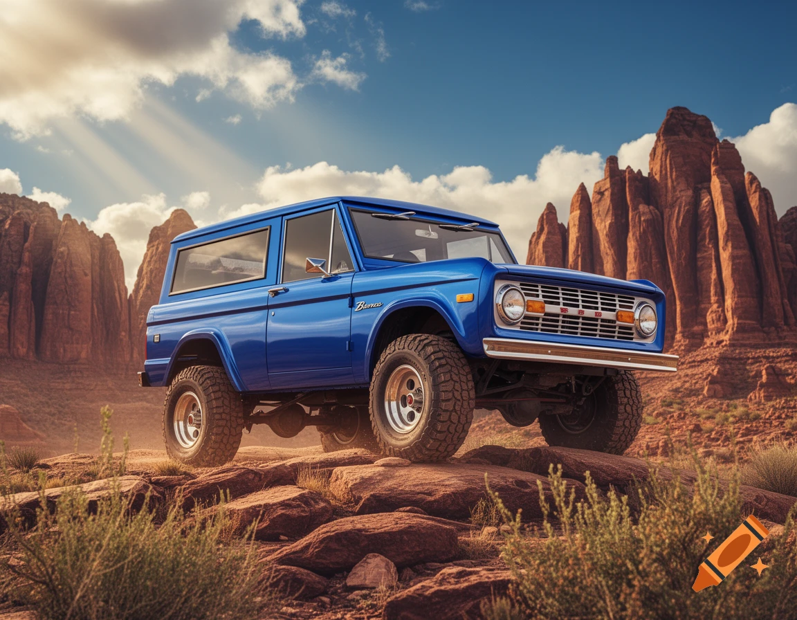 A blue classic Ford Bronco off-roading on rocky terrain in a desert landscape with towering red rock formations under a partly cloudy sky.