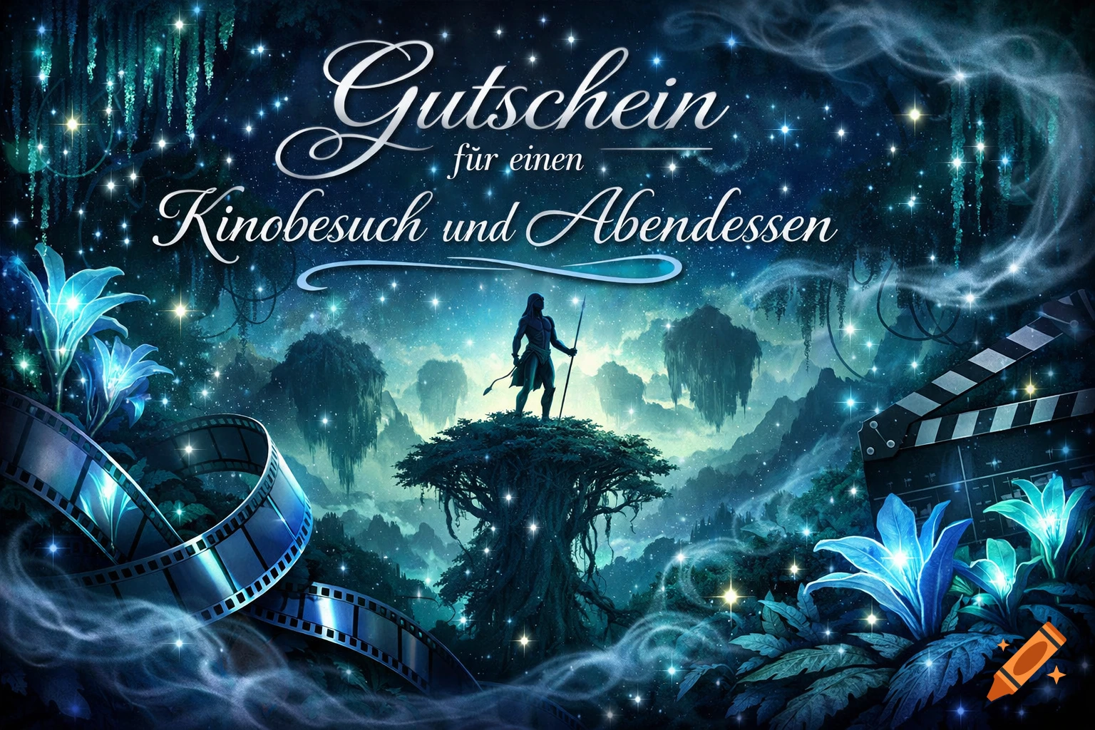 A fantasy cinema voucher with text 'Gutschein f r einen Kinobesuch und Abendessen' in an Avatar-inspired landscape with a figure, film strips, and glowing plants.