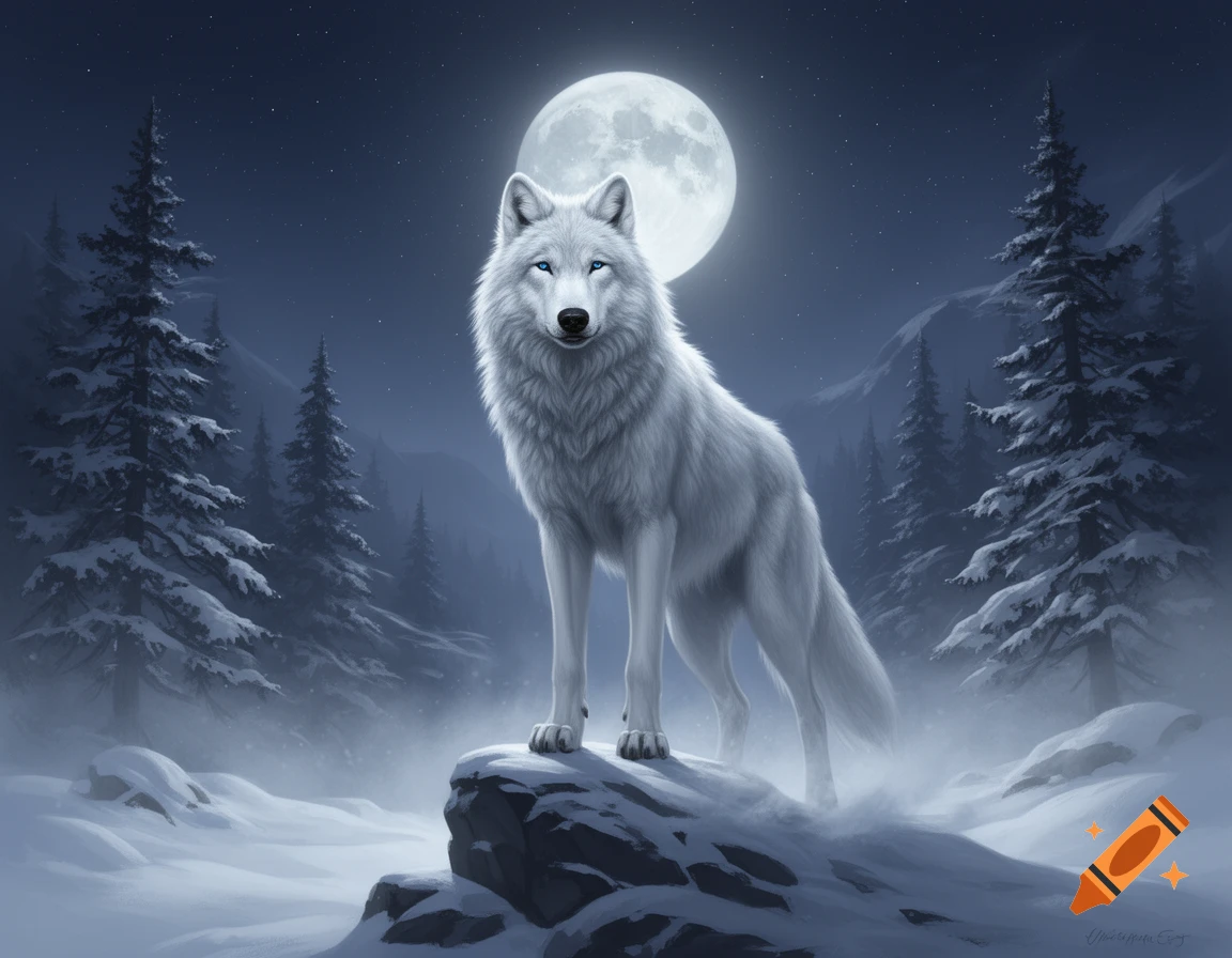 A majestic white wolf with piercing blue eyes stands on a snowy rock in ...
