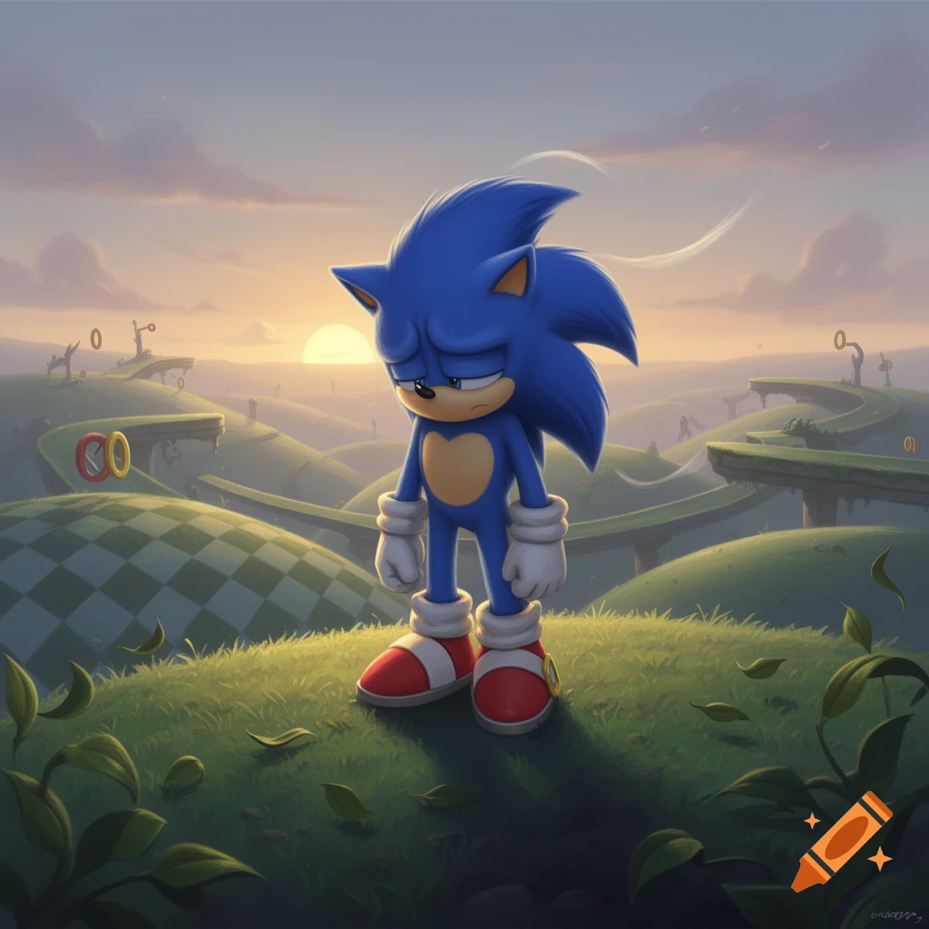Sad Sonic the Hedgehog stands on a grassy hill with checkerboard patterns and rings, under a sunset sky.