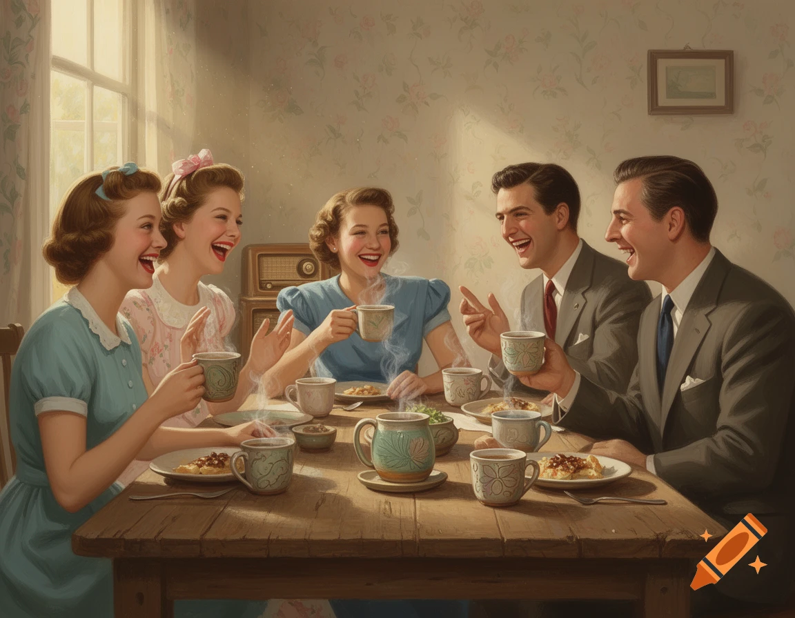 A happy 1950s family enjoys a meal around a wooden table, drinking from pottery mugs.