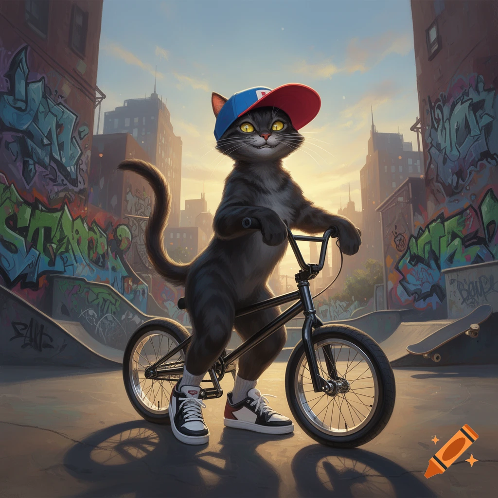 A cool gray cartoon cat wearing a baseball cap and sneakers, standing with a BMX bike in a graffiti-covered skatepark at sunset.