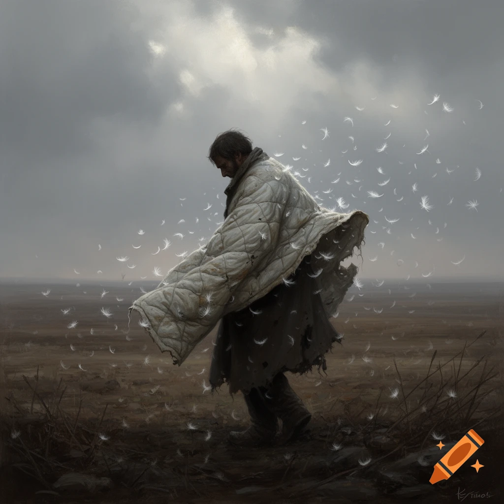 A person in a ragged, quilted blanket walks through a desolate landscape as feathers fly around them under a cloudy sky.