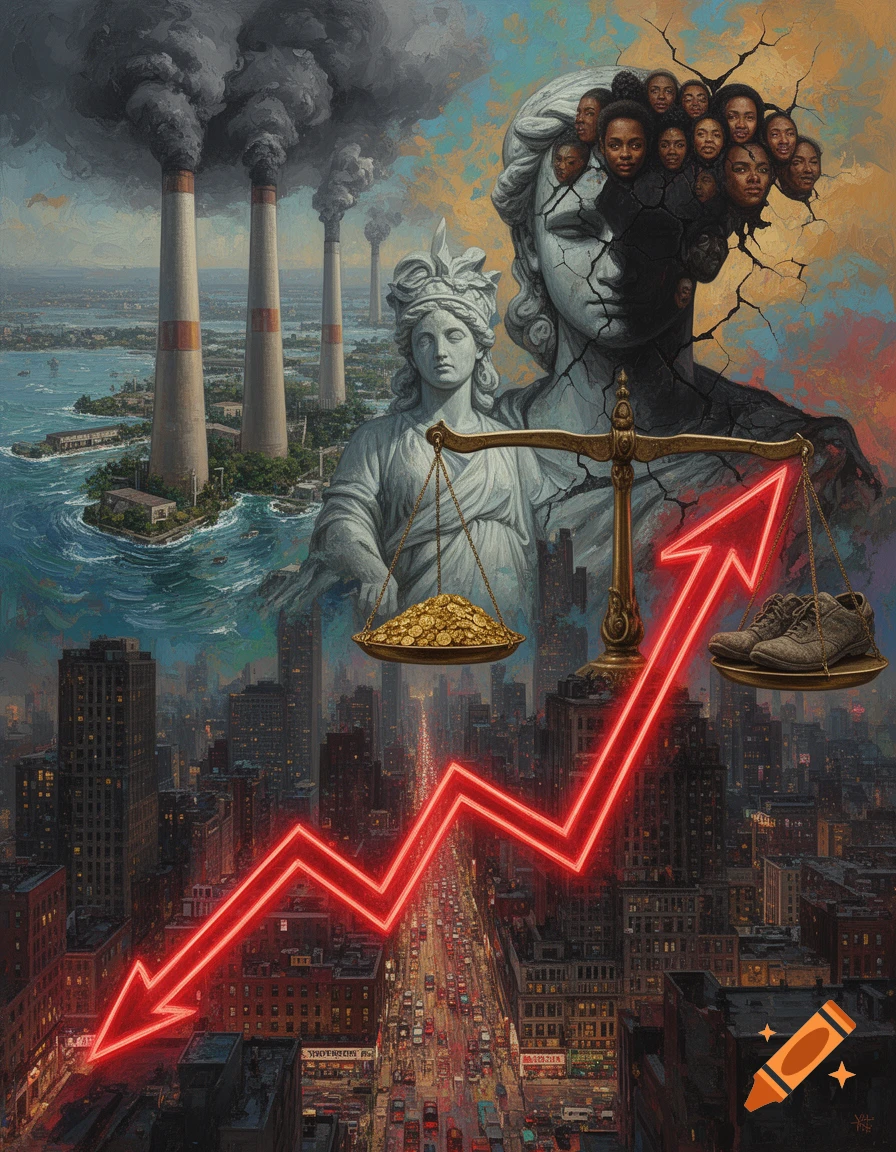 A symbolic painting depicting environmental, social, and economic challenges with power plants, a city, scales of justice, and diverse faces.