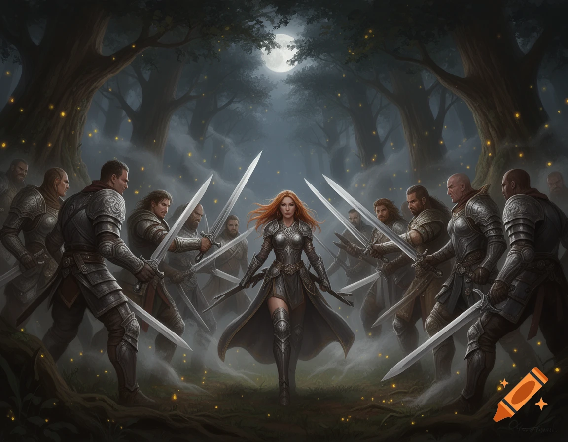 A red-haired female warrior in ornate armor is surrounded by male knights holding swords in a mystical, moonlit forest, digital painting.