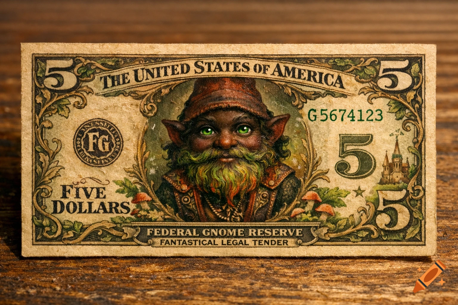 A miniature $5 bill featuring a detailed illustration of a black gnome with a green beard and glowing eyes, with text "FEDERAL GNOME RESERVE".