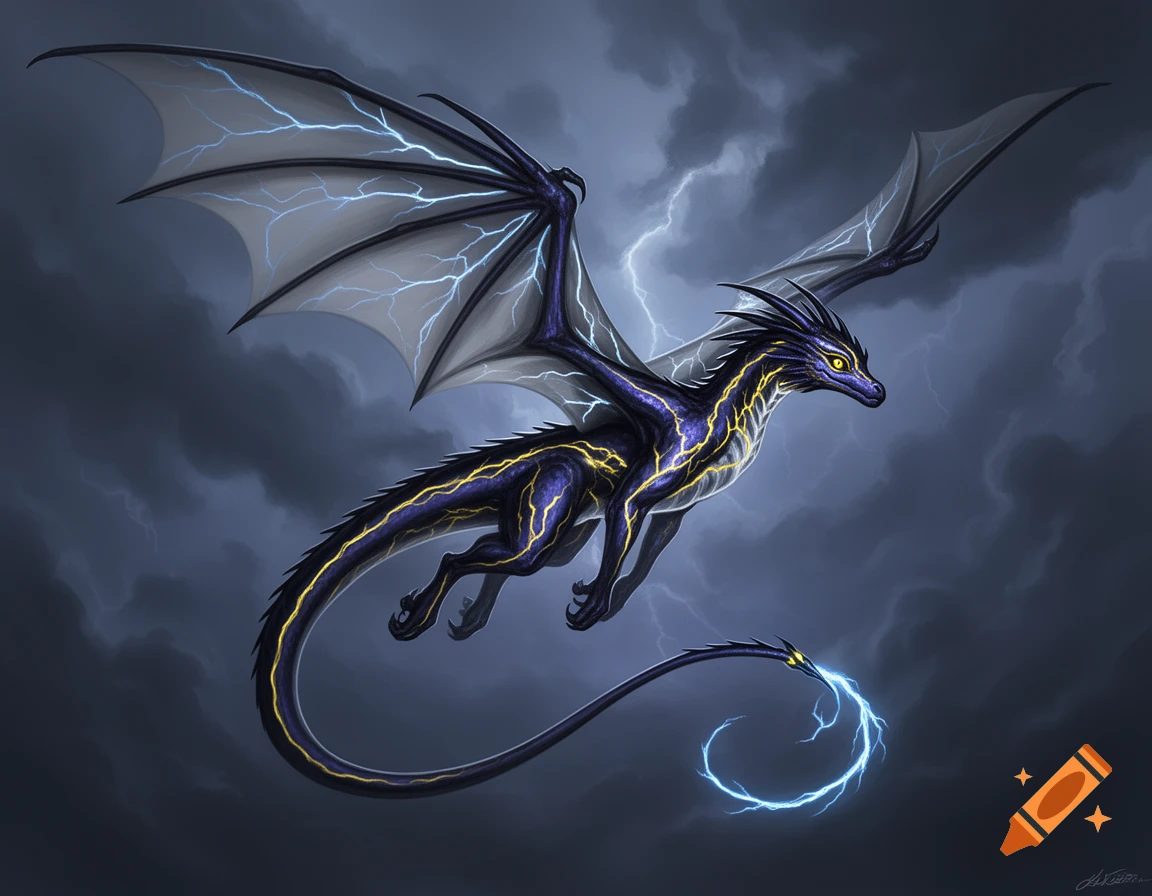 A majestic dark purple and black dragon, marked with glowing yellow ...