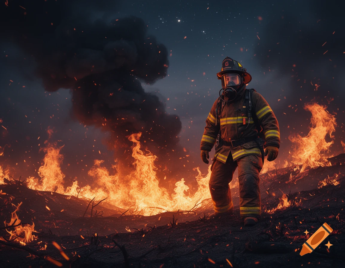 A firefighter in full gear stands amidst a raging wildfire, with flames and smoke surrounding them under a dark, star-lit sky.