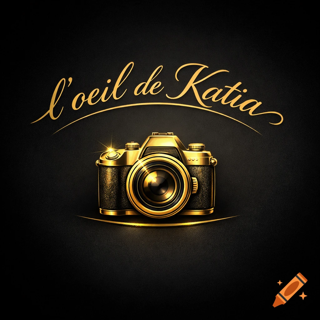 A gold camera logo with elegant gold cursive text 'l'oeil de Katia' on a textured black background.