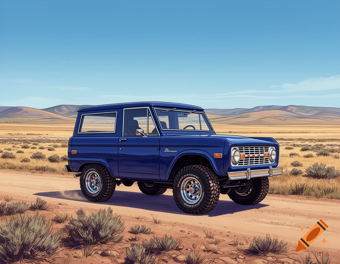 A blue Ford Bronco is parked on a dirt road in a desert landscape under a clear blue sky. Cartoonish style.