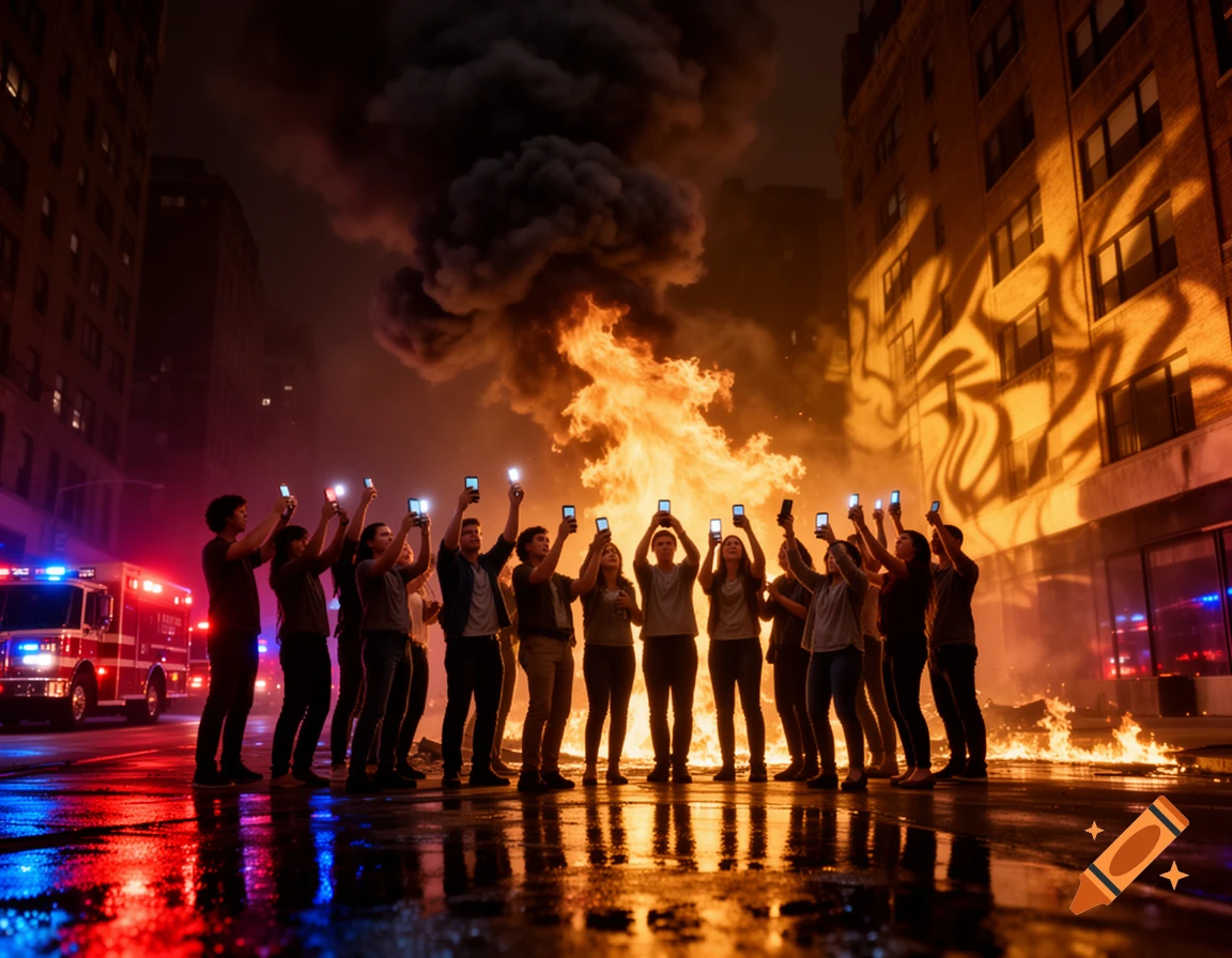 People filming a large fire and thick smoke in a city street at night, with a fire truck nearby, reflected on wet pavement.