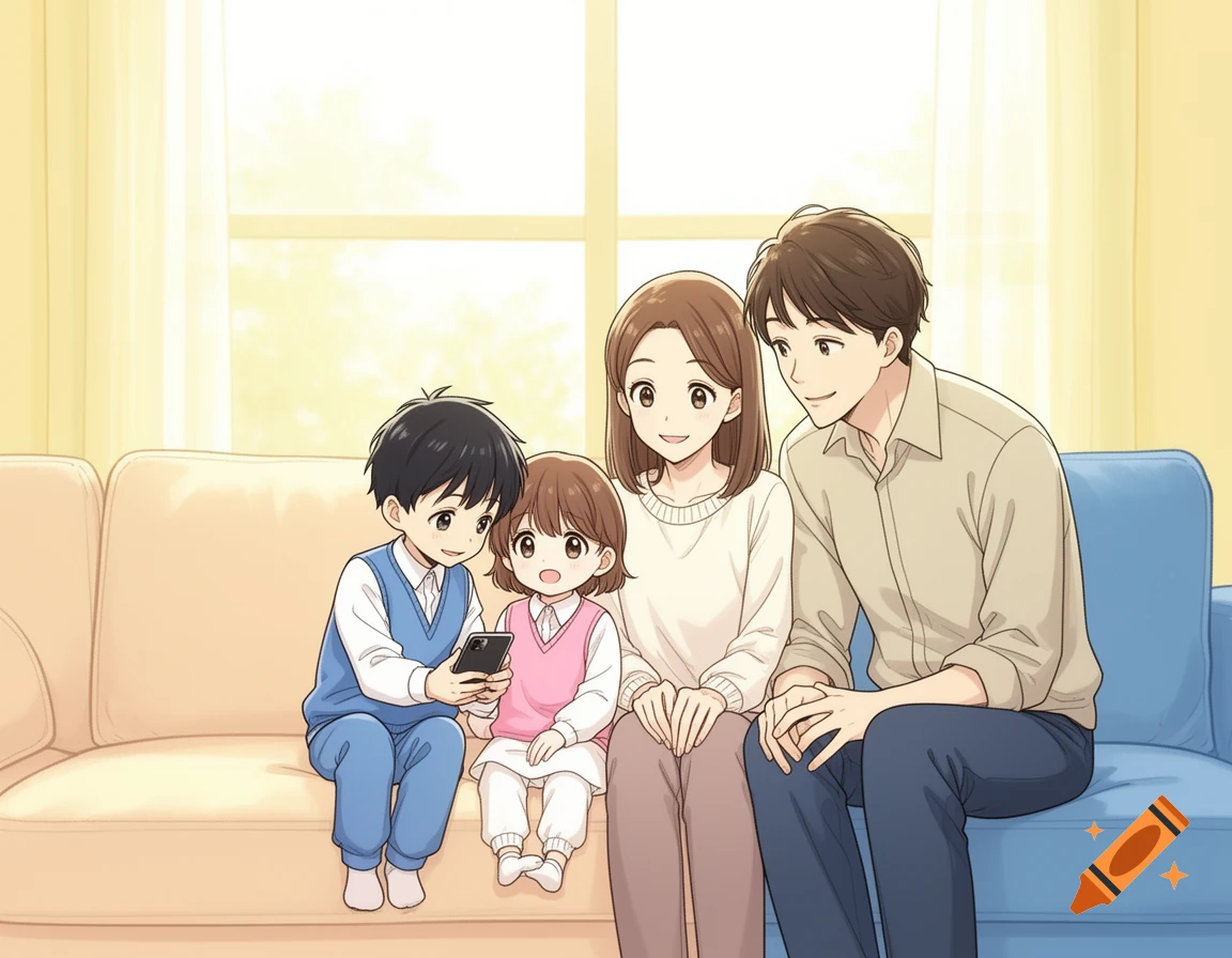 An anime family of four, parents and two children, sitting on a sofa, with the son showing a smartphone to his sister.
