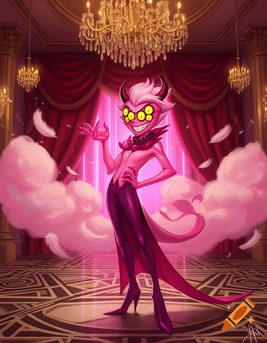 A pink, six-eyed demon character in a suit poses dramatically in a lavish ballroom with pink curtains, clouds, and chandeliers.