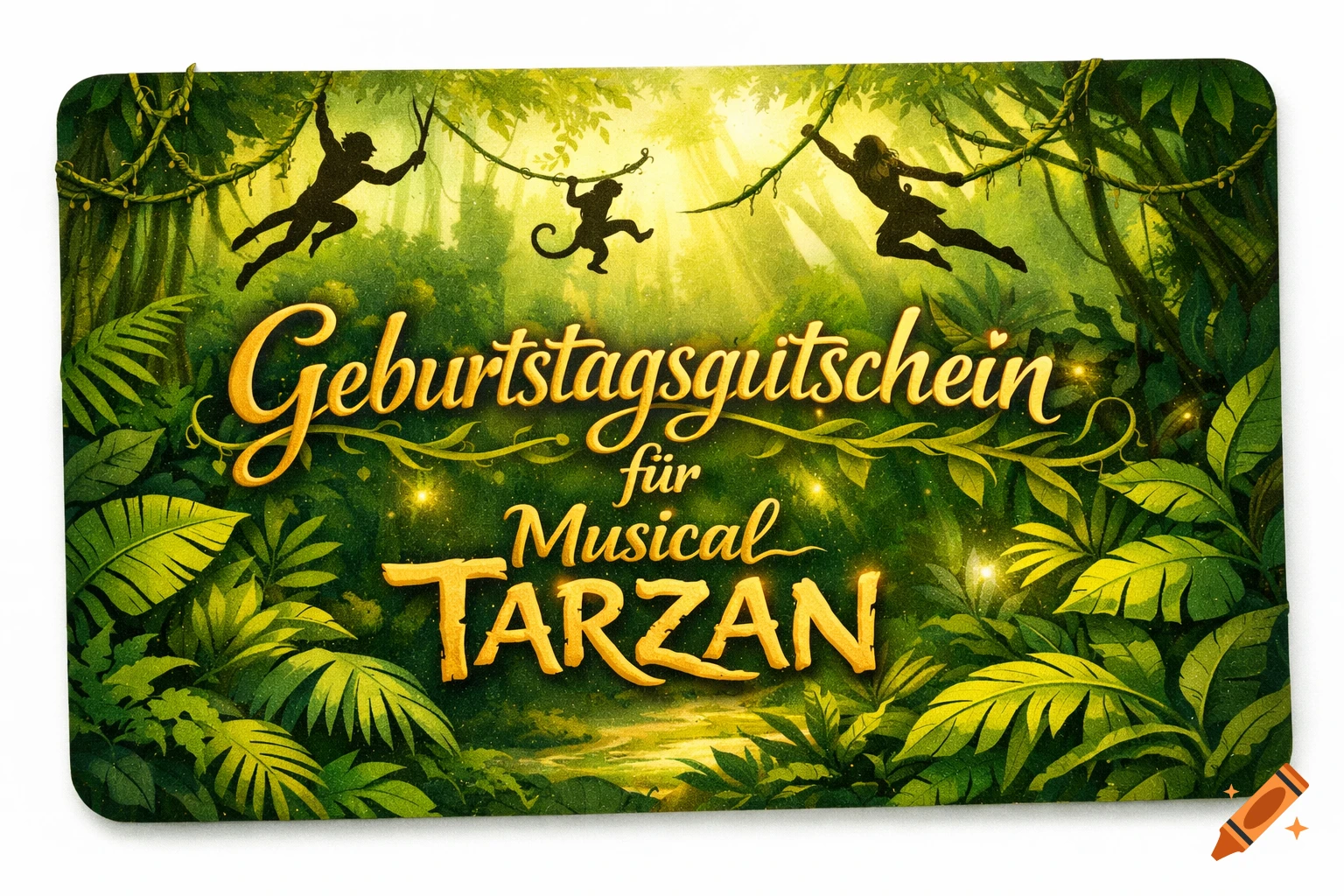 A birthday voucher for the Tarzan musical, featuring golden text and silhouettes of Tarzan and monkeys swinging in a lush green jungle.