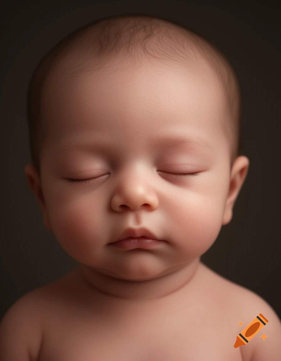 Close-up photorealistic portrait of a sleeping baby with closed eyes, soft features, and delicate hair against a dark background.
