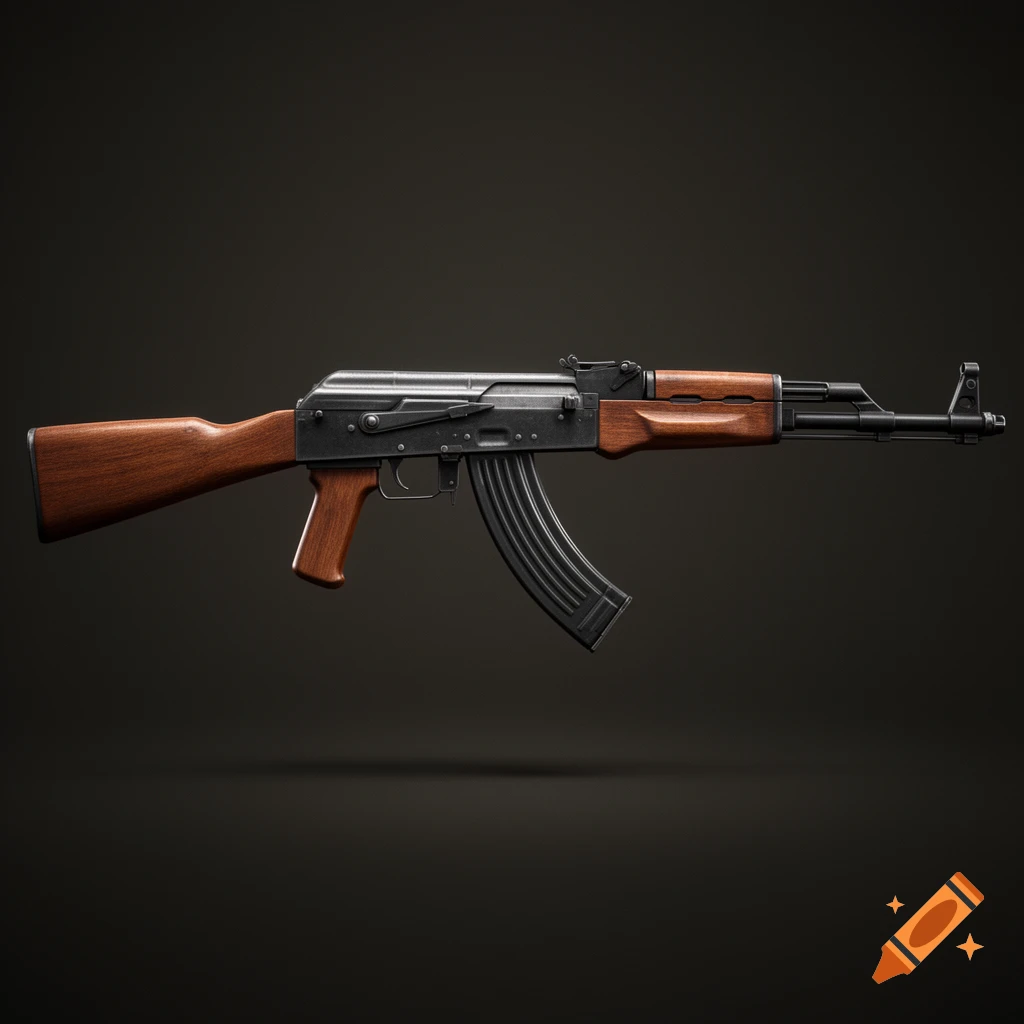 Photorealistic rendering of an AK-47 assault rifle with a wooden stock and grip on a dark background.