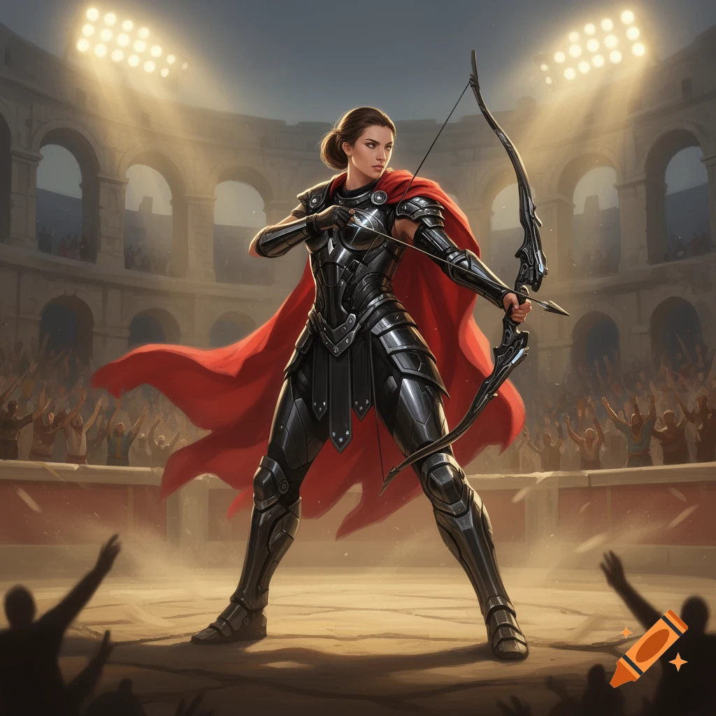 A female warrior in dark armor with a red cape holds a bow in a gladiatorial arena with a cheering crowd.